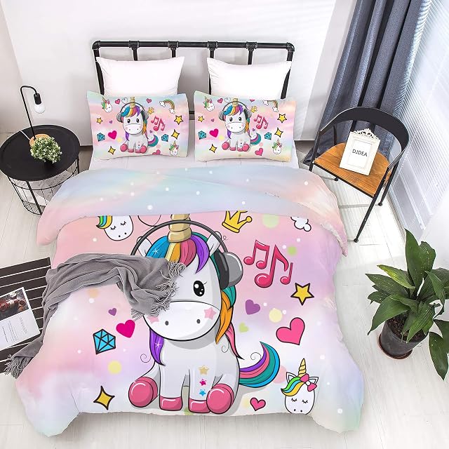 DJDEA Unicorn Single Duvet Cover Set Rainbow Pink Bedding Set for Kids Girls Cute Microfibre Quilt Cover with 1 Envelope Pillowcase(50 * 75cm)
