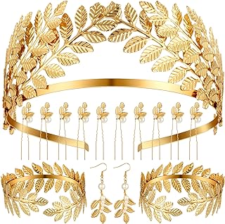 15 Pieces Greek Goddess Costume Accessories Women Toga Golden Leaves Bridal Crown Headband Bracelet Pearl Earrings and Hair Pins (Fresh Style) - Buy now