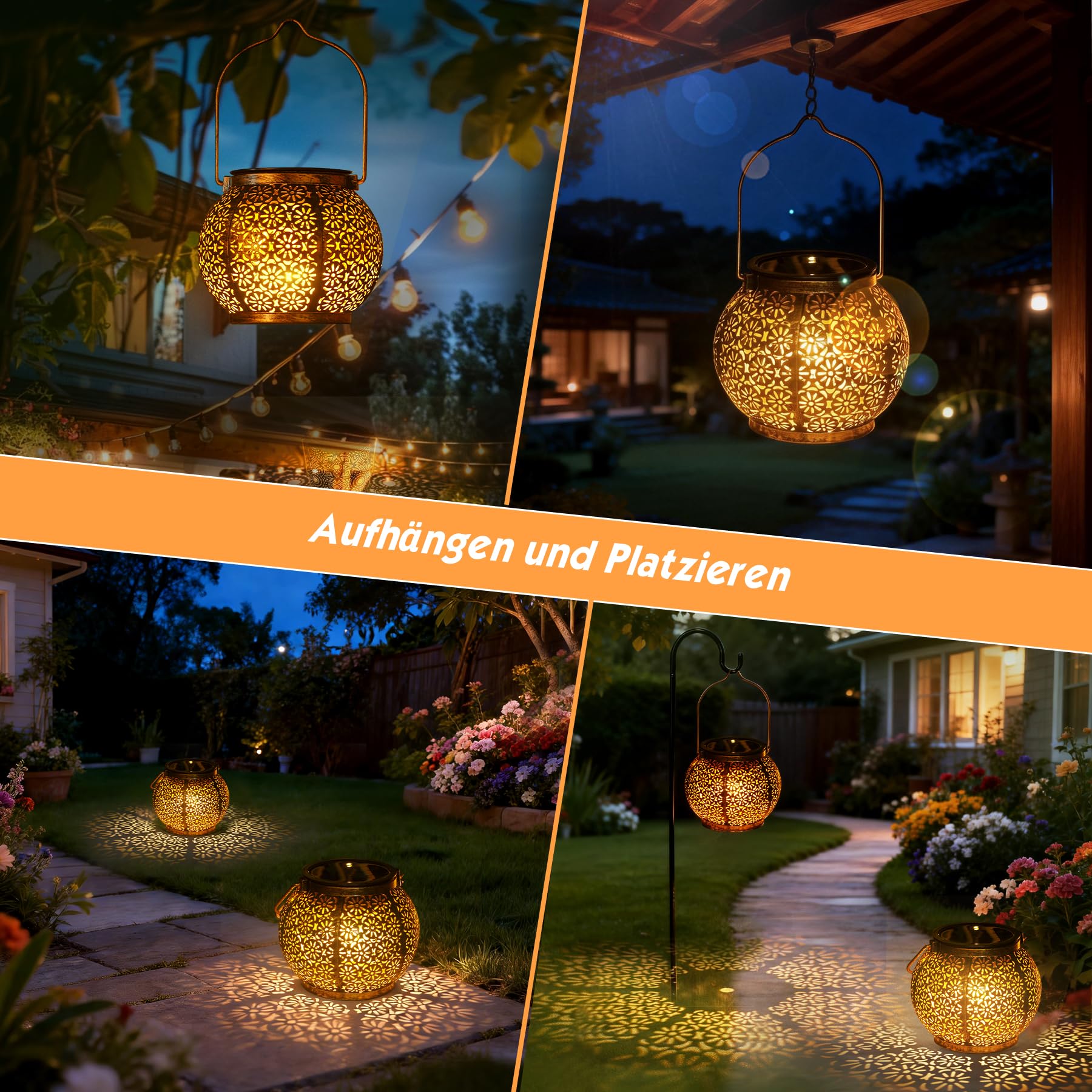 Görvitor 4 Stück Solarlampen für Außen Hängend, IP65 Wasserdicht Solarlaterne für Außen mit Blumenmuster, Metall Solar Laterne Outdoor für Draußen Garten Hof als Gartengeschenke Weihnachtsgeschenke