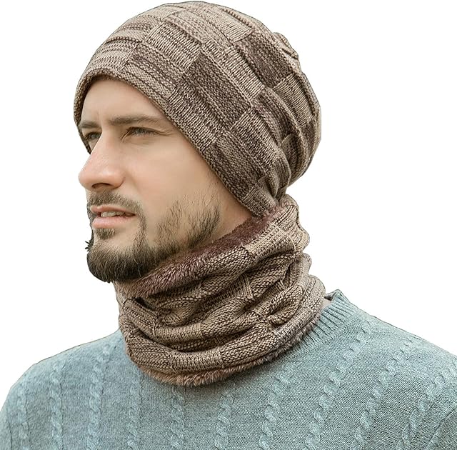 Bequemer Laden Winter Beanie Hats Scarf Set Warm Knit Hats Skull Cap Neck Warmer with Thick Fleece Lined for Men Women