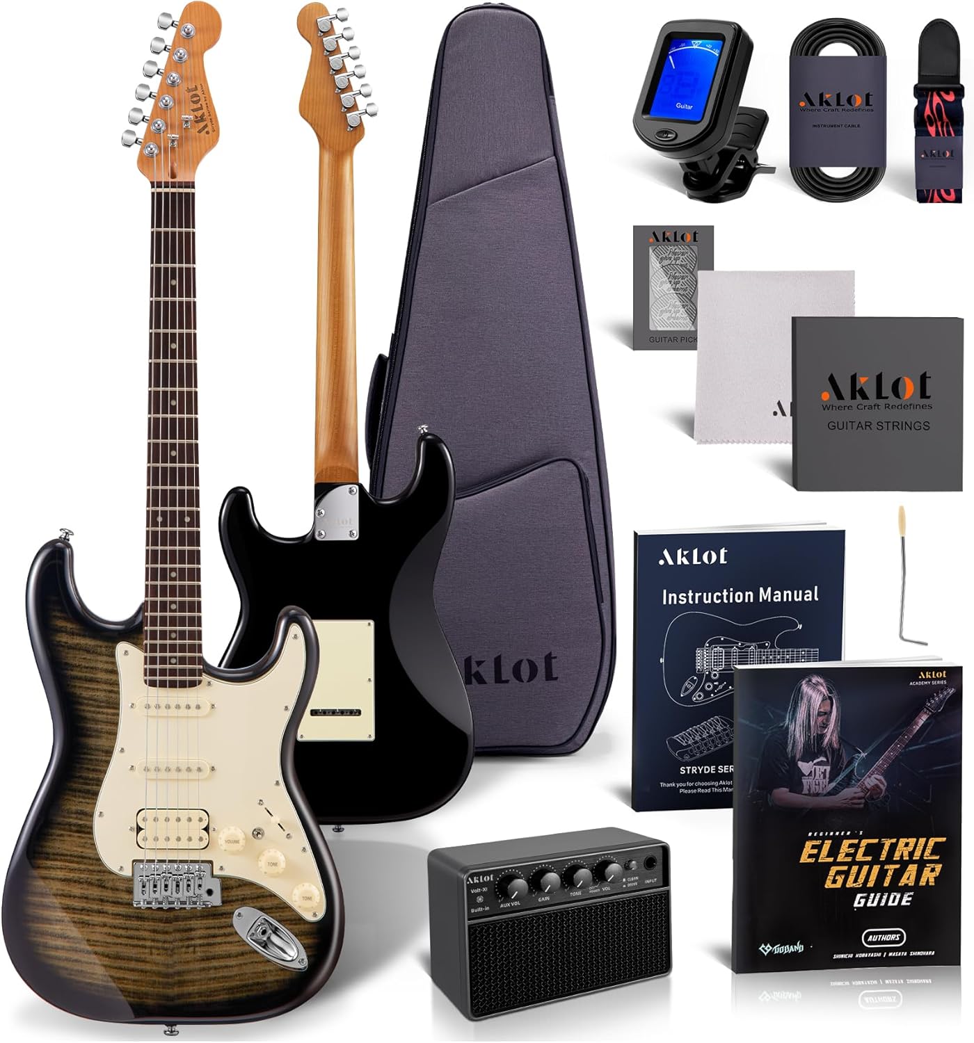 AKLOT Stryde Electric Guitar with Coil-Split: Roasted Maple Neck, Flame Maple Graphic Top, HSS Ceramic Pickups, Beginner Guitar Kit with 10W Amp, Gig Bag, Strap, Picks, Lesson Book, Obsidian Black