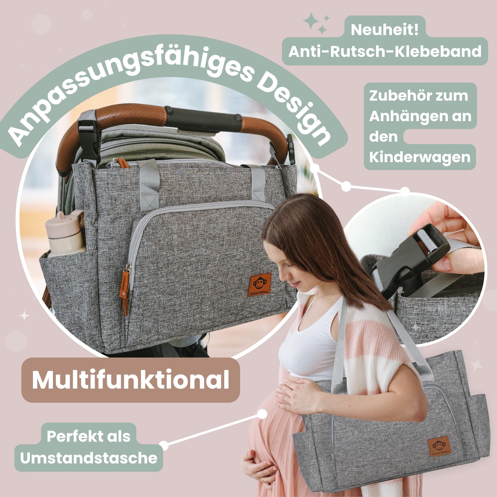 Wickeltasche Kinderwagen mit Wickelunterlage Unterwegs, Mommy Bag, Kliniktasche Geburt, Kinderwagen Tasche, Große Kapazität, Wasserdichtes Gewebe, 50x14x30cm