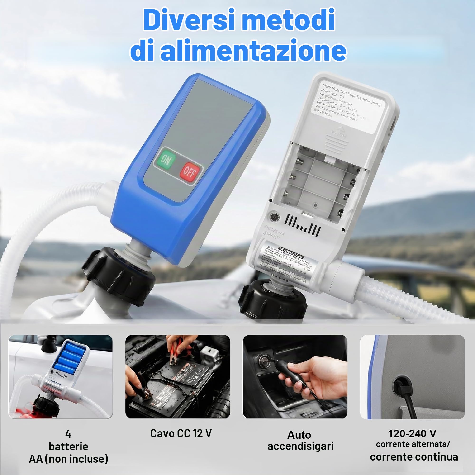 Pompa Travaso Gasolio con Sensore di Arresto Automatico, 2.8GPM Batteria e Ricaricabile Pompa Benzina, Portatili Pompa Carburante Elettrica, Pompa Aspira Benzina con Adattatore di 4 Dimensio