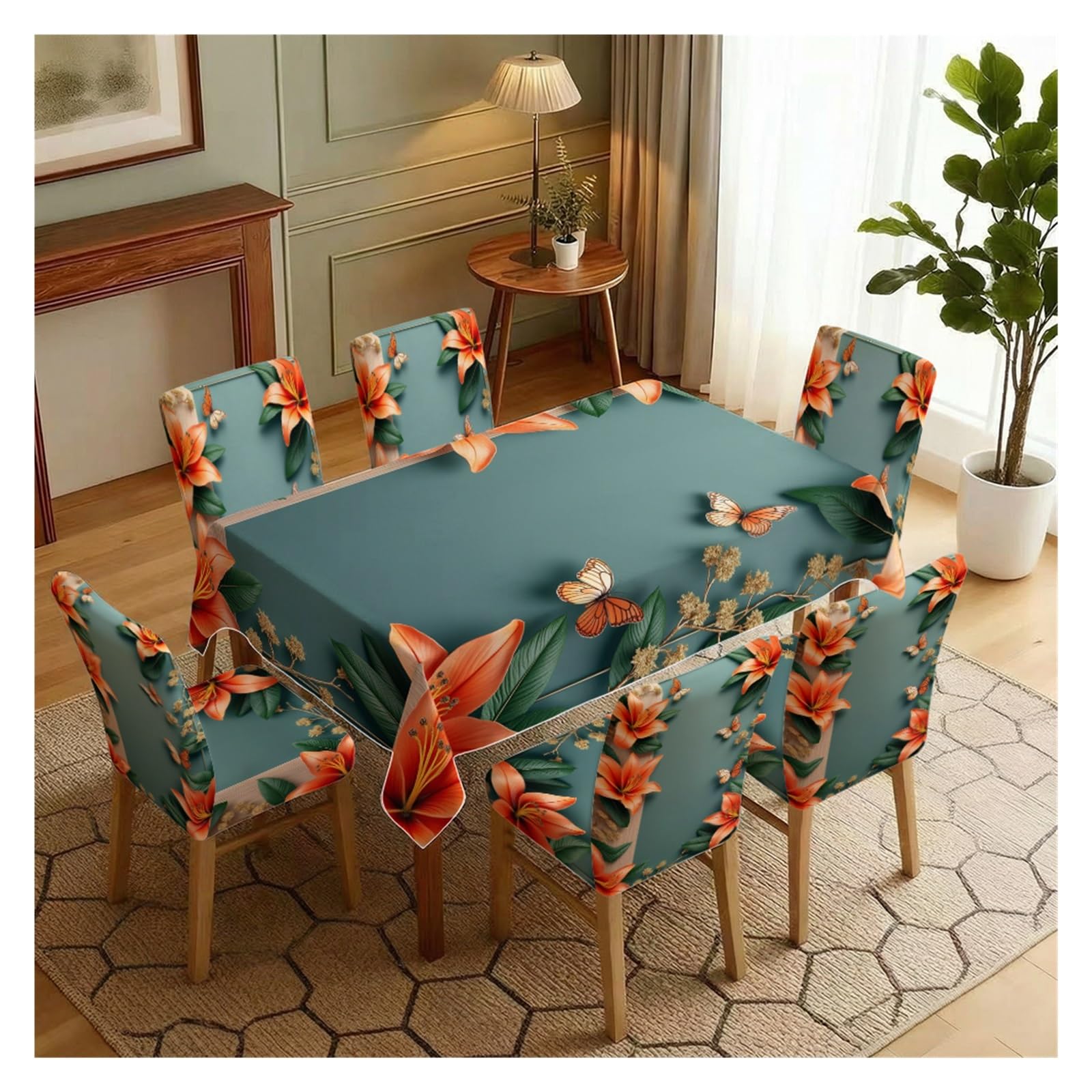 BOSUYBN Stretch Dining Chair Slipcovers And Tablecloth Set, Teal Orange Lily Butterfly Print, 5/7 Pack For Dining Room Kitchen Home Decor Table Setting(7pcs Set: Tablecloth+Chair Covers)