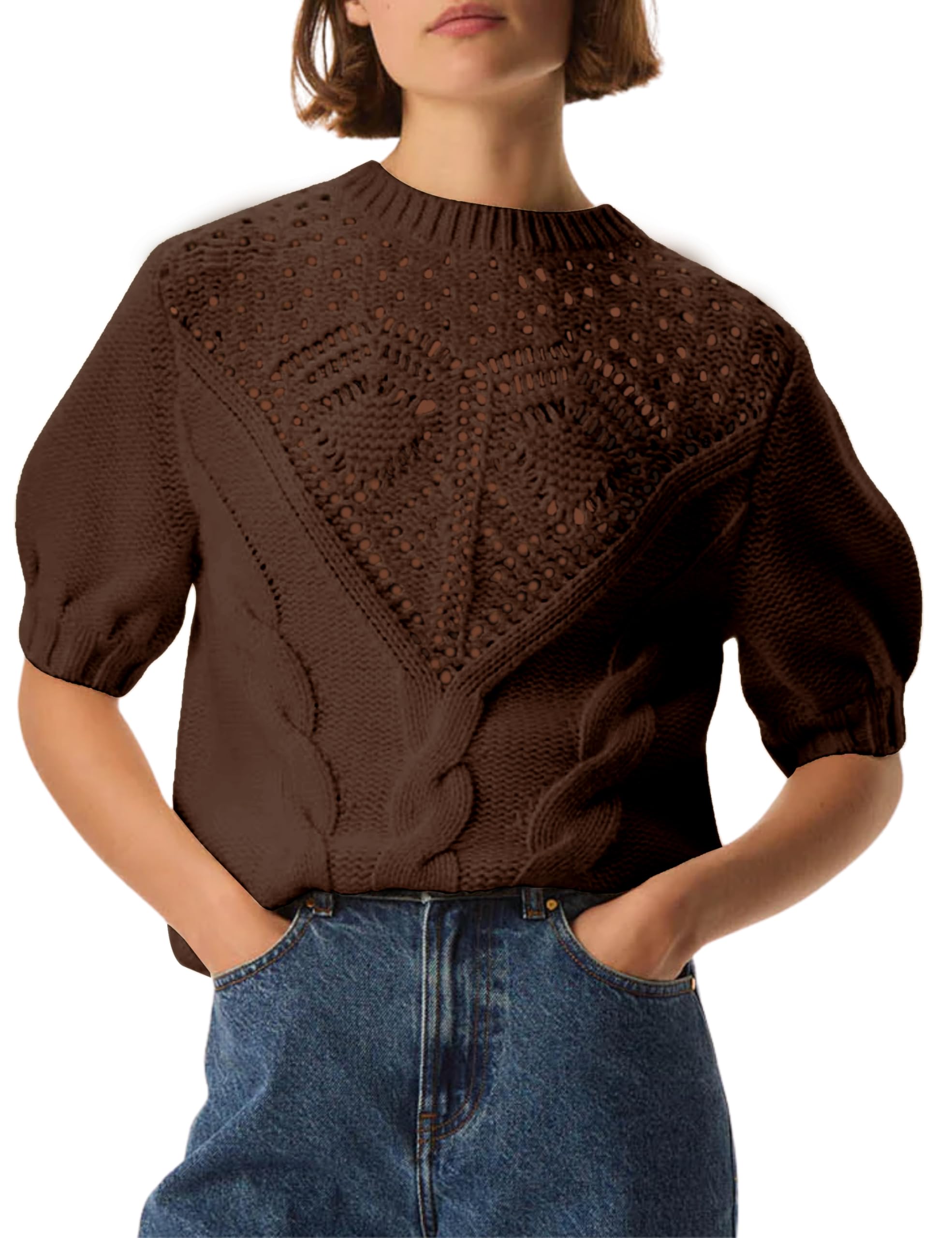 Yeokou Women Short Sleeve Sweater Round Neck Crochet Pullover Summer Fall Casual Top Blouse