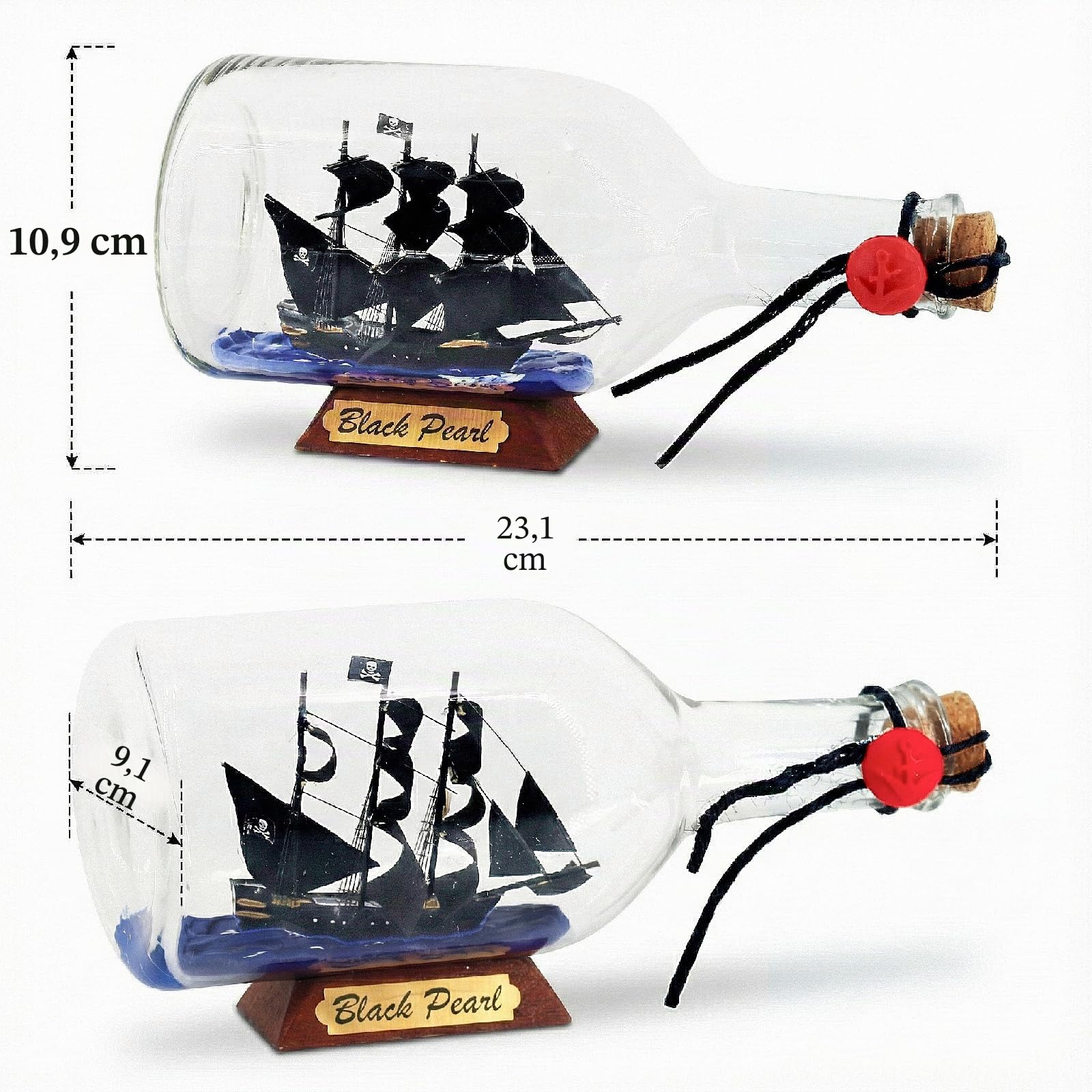 Black Pearl Karibik Pirat Modell Schiff in Einer Flasche Glas Ornament Tischplatte Nautische Heimdekoration Mayflower USS Verfassung USCG Adler Geschenk für Jungen (Black Pearl 22,9 cm)
