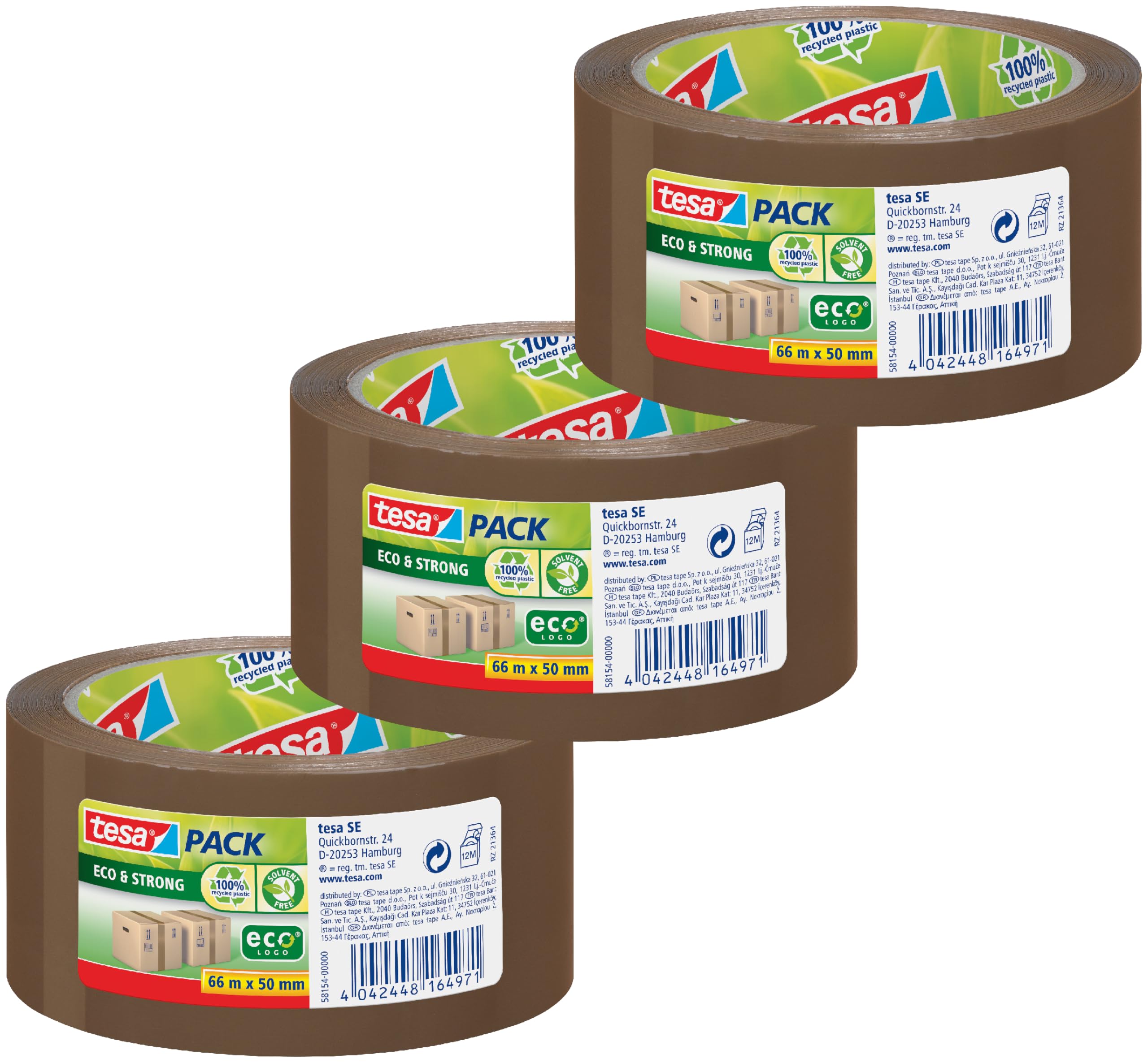 tesa tesapack Eco & Strong - Umweltschonendes Paketband aus 100% recyceltem Kunststoff, UV- und alterungsbeständig 66 m x 50 mm (braun, 3 Rollen)