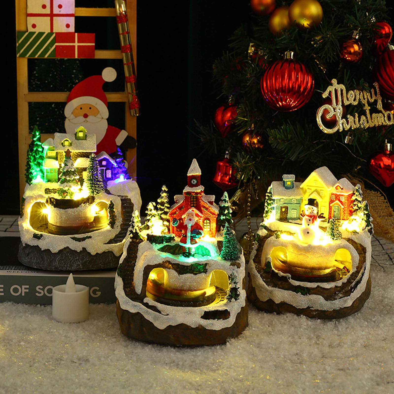 Village de Noel Lumineux, Village de Noel Miniature avec LED, Musical et Treno Tournant Animé, Alimentation par Batterie et USB Village Noel Petite maisons de Noël pour Fête de Noël Decoration