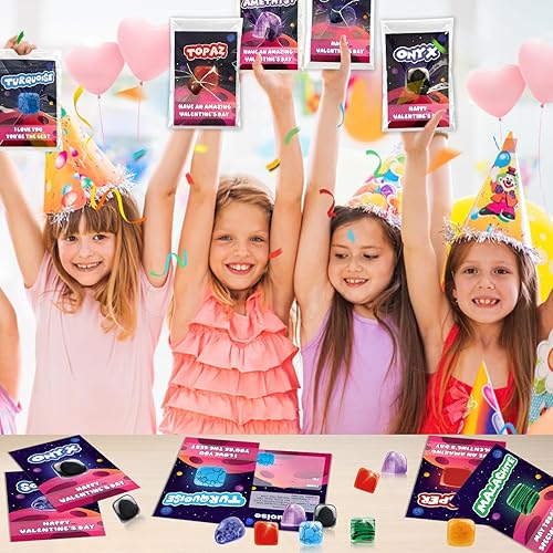 Miniatura 5 de Regalos de San Valentín para niños, paquete de 28 tarjetas de San Valentín con rocas a granel, kit de colección de gemas de cristal, minerales y