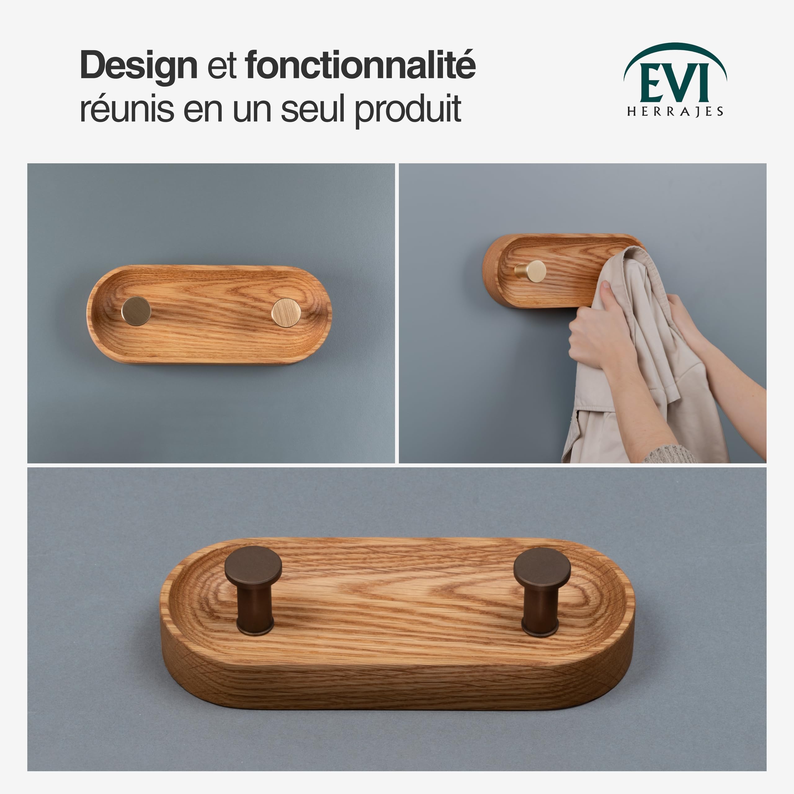 EVI Herrajes | Patère murale | Bois de chêne massif | Crochets laiton vieilli cuir | 2 crochets | Kit de montage inclus | Mod. Cova 2CROCU