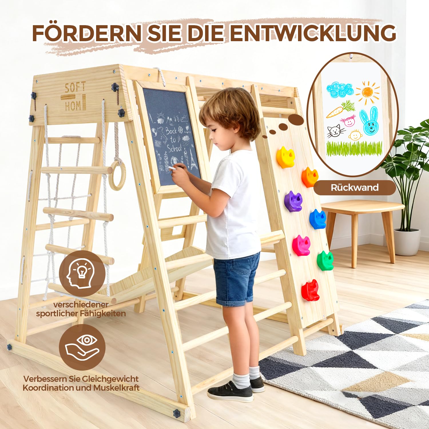 Klettergerüst Indoor mit Tafel, Groß&Klappbar, 10 in 1 Multifunktional Indoor Spielplatz für Kinder, Montessori Kletterausrüstung ab 1 Jahr, Schaukel, Rutsche, Kletterdreieck, Natur&Holz