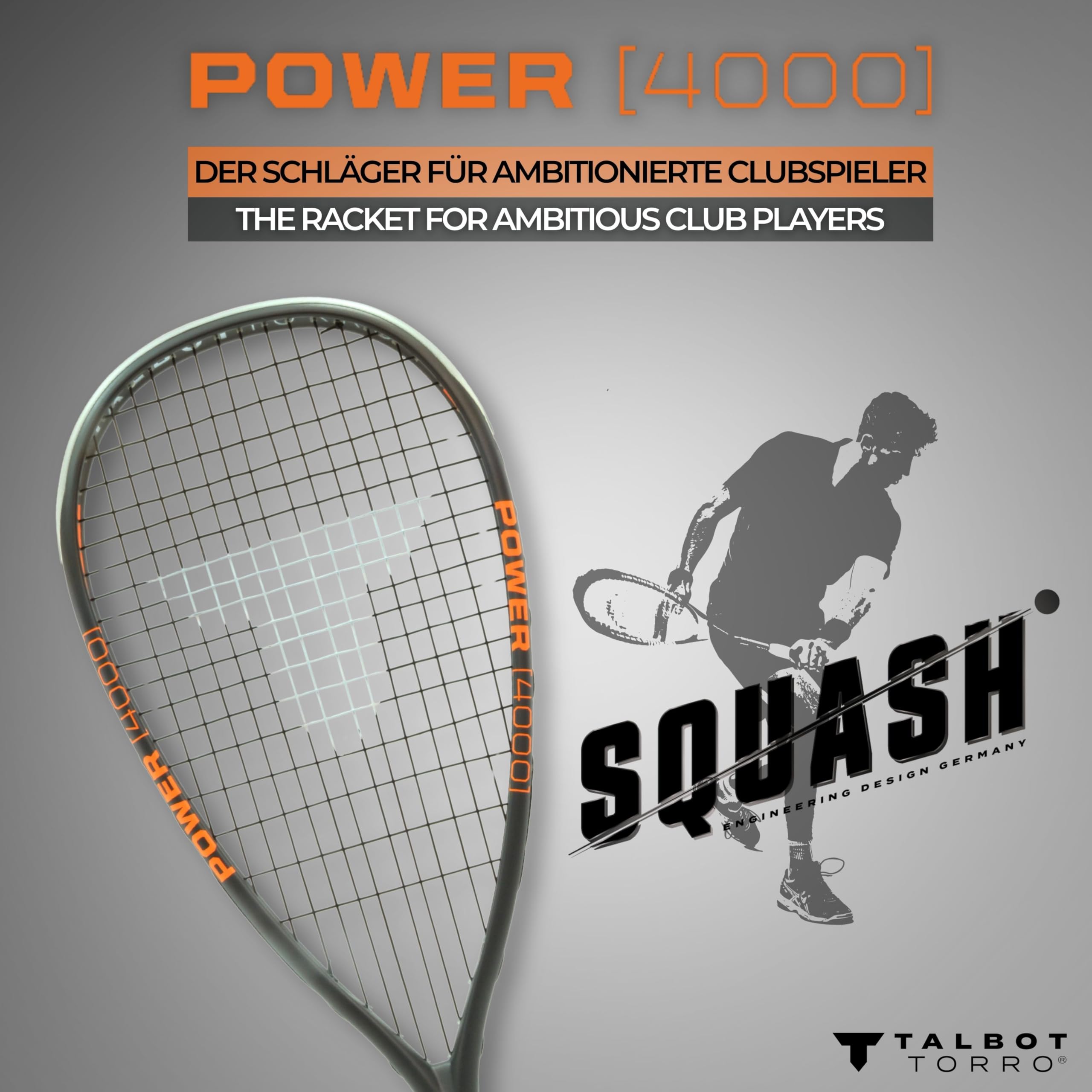 Talbot-Torro Raquette de Squash Power 4000 | Légère, Agressive et Précise | 100% Graphite | Cordée et Prête à Jouer | Idéale pour Les Joueurs Confirmés et Les Joueurs de Club
