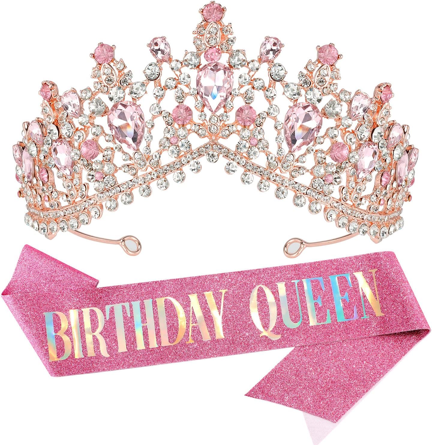 VELSCRUN Birthday Tiara Crowns for Women, Happy Birthday Queen Sash Birthday Decorations Party Supplies Birthday Favors Gifts, 18*15*8 CM, Cemented Carbide, Rhinestones