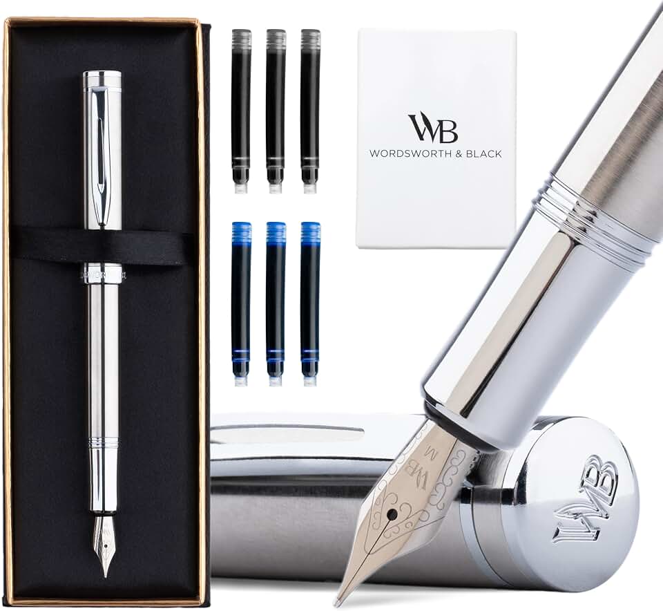 Wordsworth and Black Fountain Pen Mini EDC Bolígrafo de Bolsillo Plateado,Cromo,Punta Mediana,6 Cartuchos de Tinta,Convertidor de Tinta,Conjunto de Regalo de Bolígrafo Recargable, Hombres y Mujeres