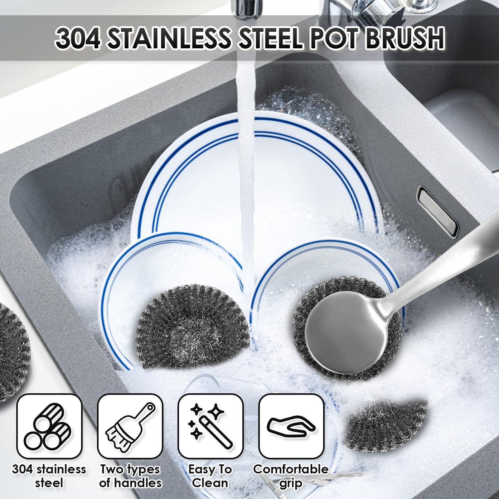 ZJRDYYK Stainless Steel Wool Scrubber with Handle, Handled Steel Wool Scrubber, Metal Scrubbers for Scouring Stubborn Messes from Cast Iron, Pots, Pans, Grill, Stoves, Sink (5PCS)