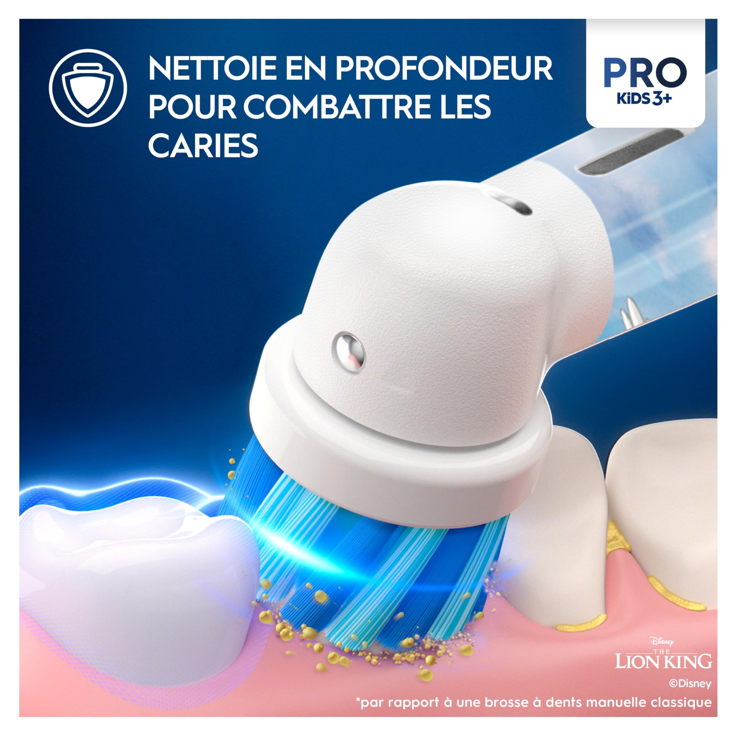 Gros plan sur le manche personnalisé de la brosse à dents Oral-B Pro Kids Le Roi Lion avec ses autocollants interchangeables.