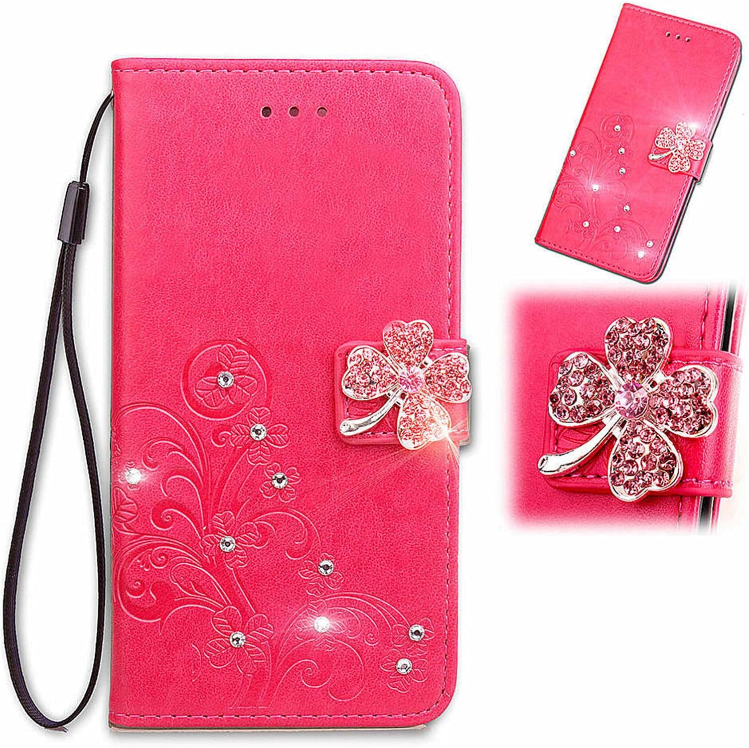 GejinFans Flip Case for Kyocera BASIO4 KYV47 Basio 4 Easy Smartphone 2 A001KC - Leather Wallet-Type Mobile Phone Case with Multi-Function Card Slots, Red Floral Pattern
