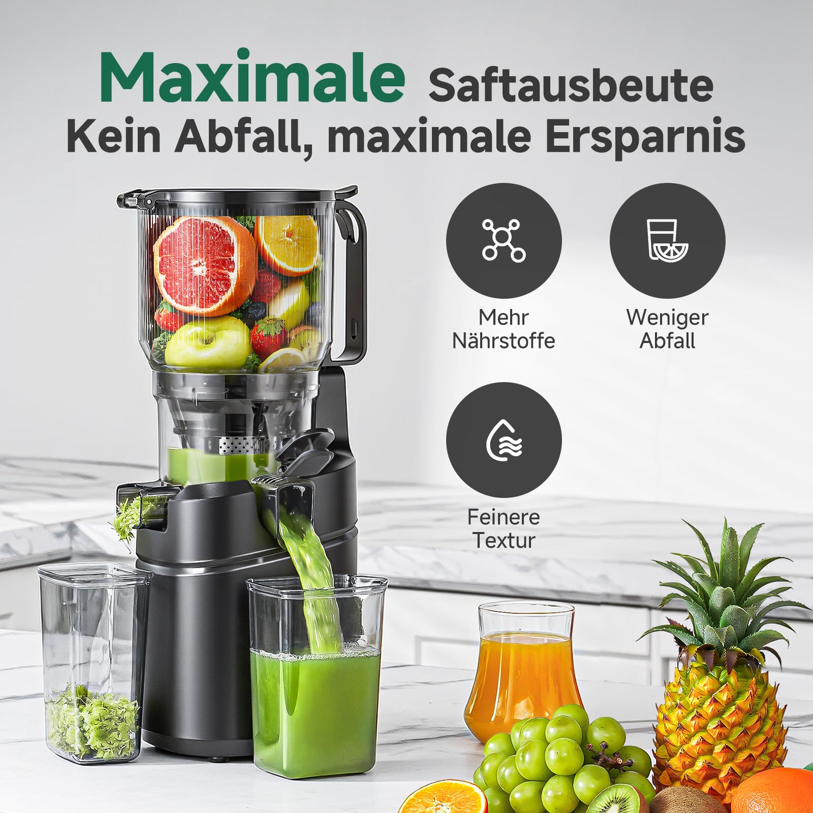 AMZCHEF 250W Automatischer All-In-One Entsafter, 150MM Öffnung, 2L Kaltpress Slow Juicer mit Dreifachem Filter - Schwarz