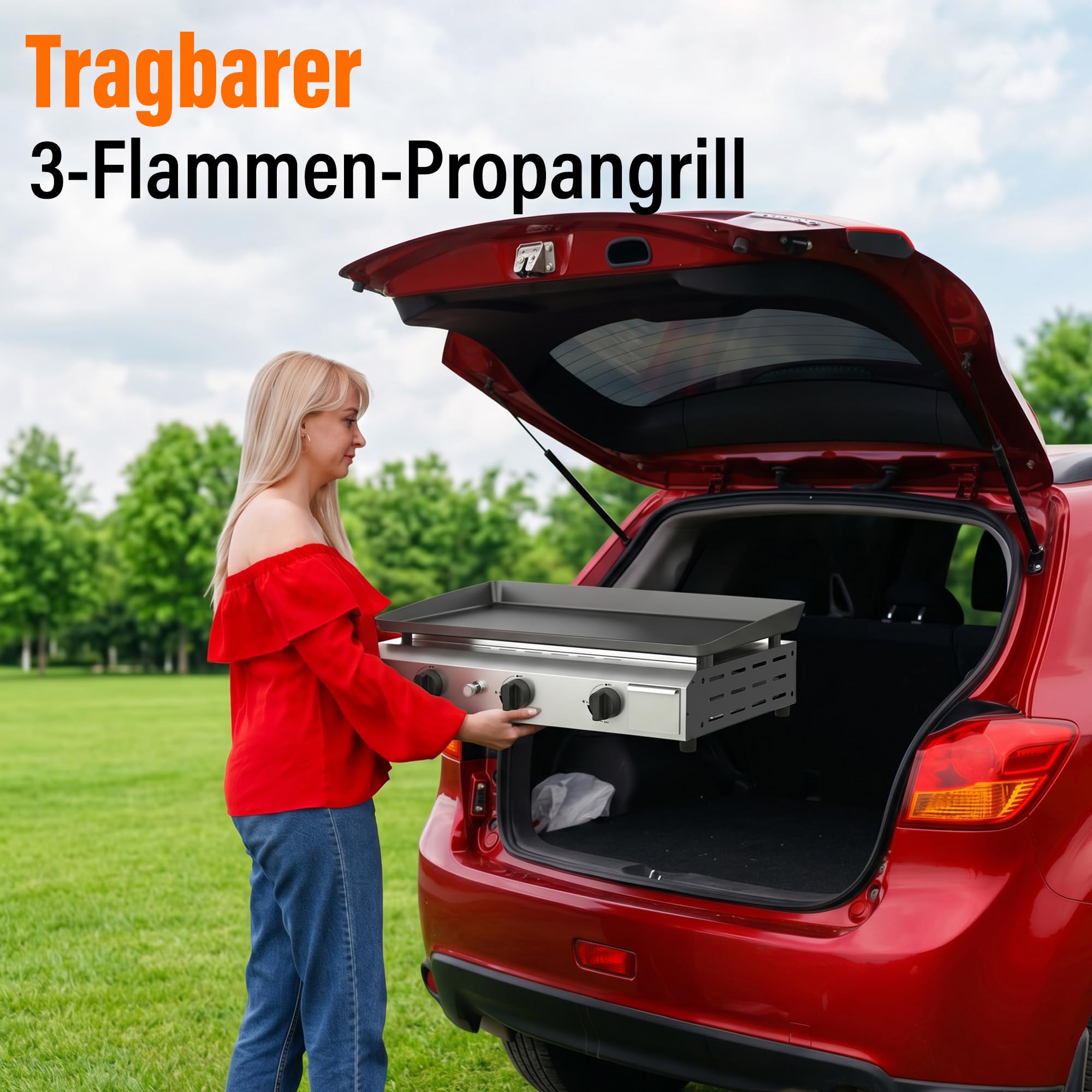 Veralune Gas Plancha, 3-Brenner Gasgrill 6,3 kW, 64*39cm großer Kochbereich | Grillplatte, Kompakt Tischgasgrill mit 50 mbar Druckregler, Keramikbeschichtung, für Butan/Propan, Garten, Picknick & Strand