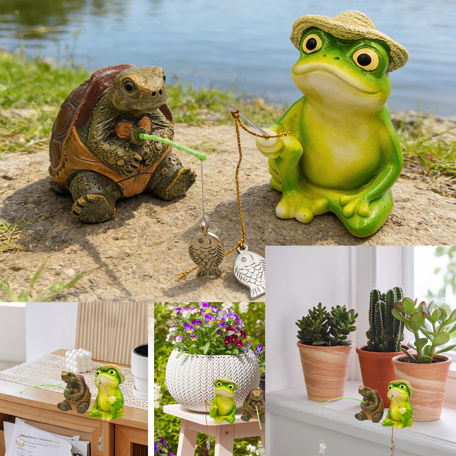 2 sztuki dekoracyjnych figurek ogrodowych, wędkarz, mini staw, wędkarz do ogrodu, krajobraz, kreatywna dekoracja stawu, na balkon, taras, do oczka wodnego, dekoracja na Halloween (figurka żaby i
