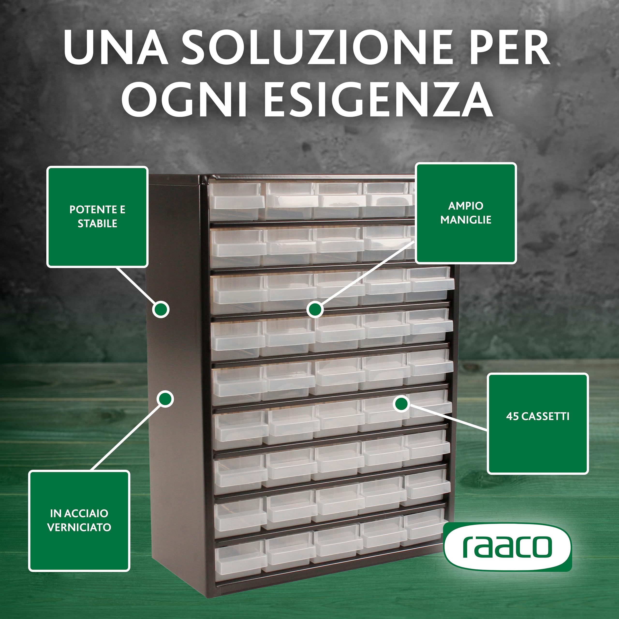 Raaco Contenitore per piccoli componenti C9-45, carico 30 kg, 15 x 30,6 x 42 cm, 45 cassetti, acciaio rivestito, adatto per montaggio a parete, scaffale per viti con scatole di smistamento per piccoli