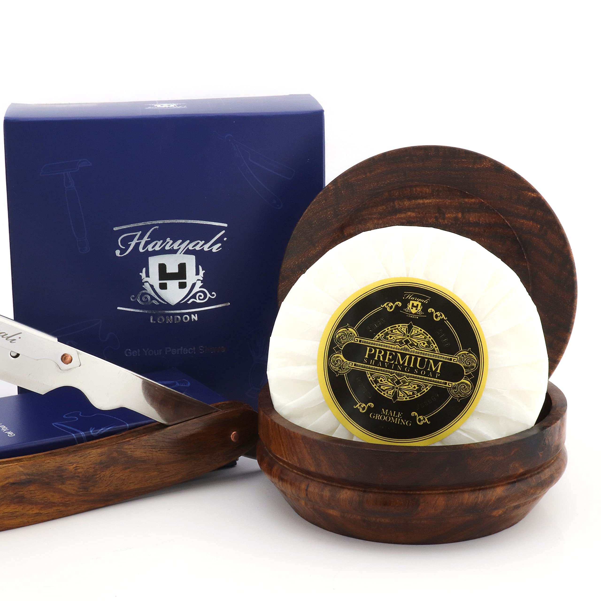 4pz in Legno Depilazione Set con Dritto Taglio Gola / Professionale Rasoio, Nero Tasso Look Allo Stesso Modo Capelli Sintetici Spazzola con Sapone & Vaso Perfetto Set in Legno di Rosa