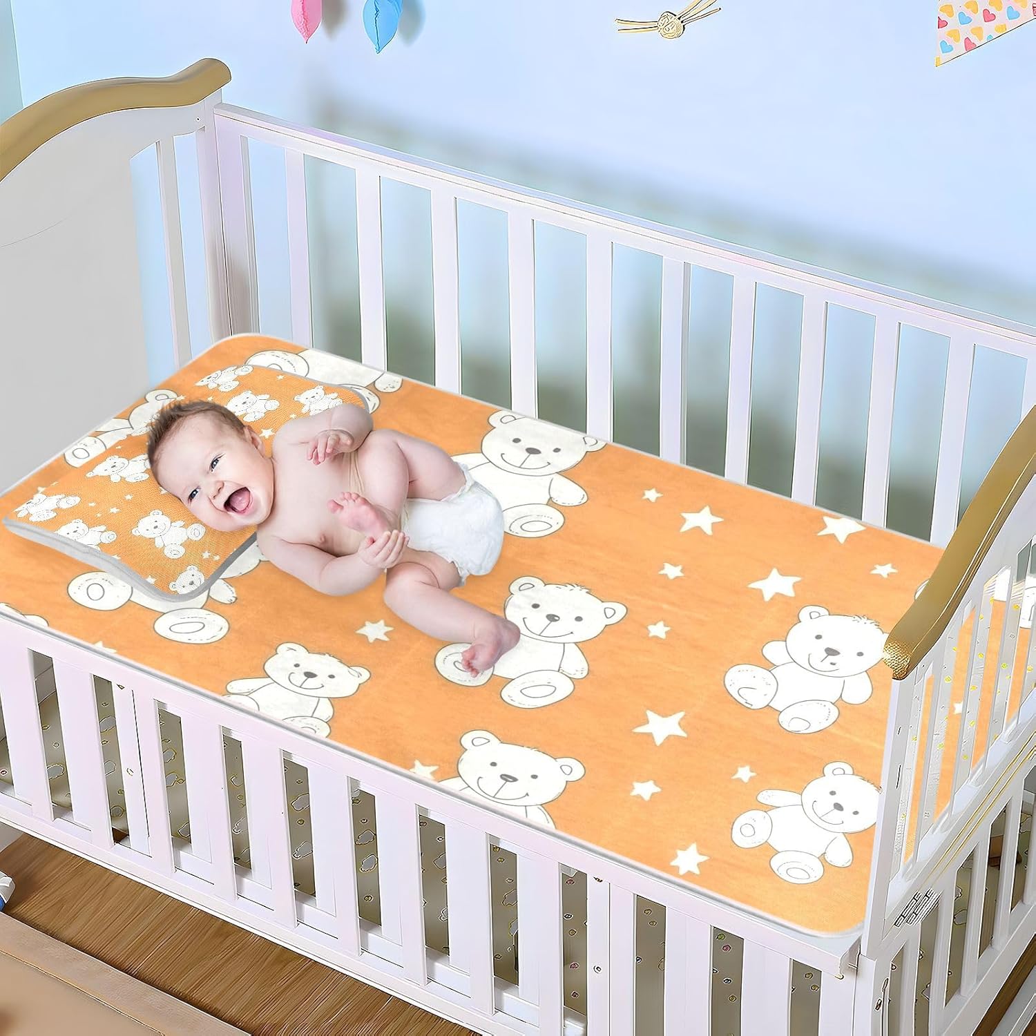 Cartoon Cute Whiteddy Bear Stars Cooling Baby Mattress 28" x 52" Breathable Mattress Protector pad for Baby&Toddler
