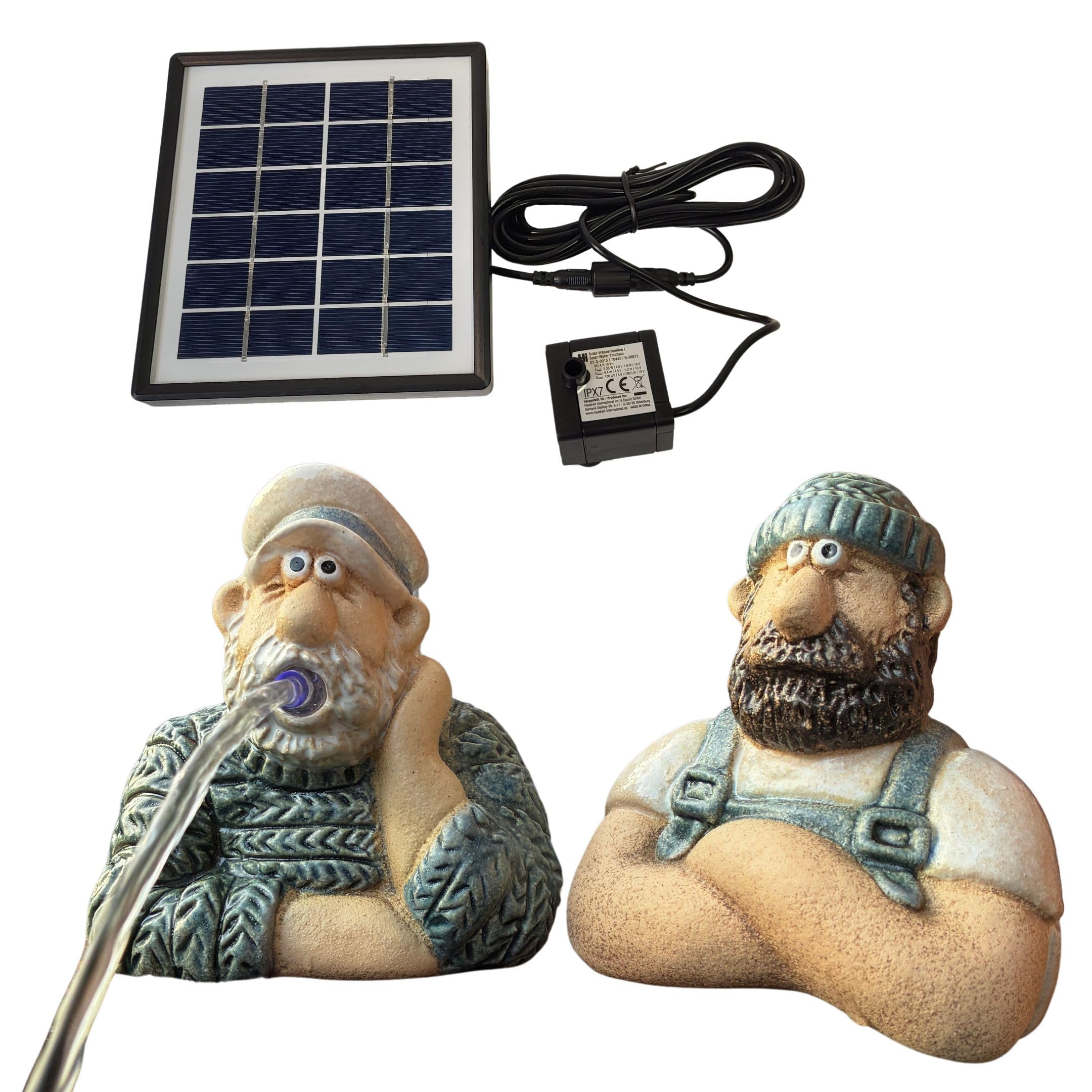 Storm's Gartenzaubereien Wasserspeier mit Solarpumpe- Seemann Set aus Keramik - 2er Set Matrosen Figuren in Strick-Optik - Maritimes Wasserspiel für Garten/Balkon/Miniteich - Stromlos mit 3m Kabel