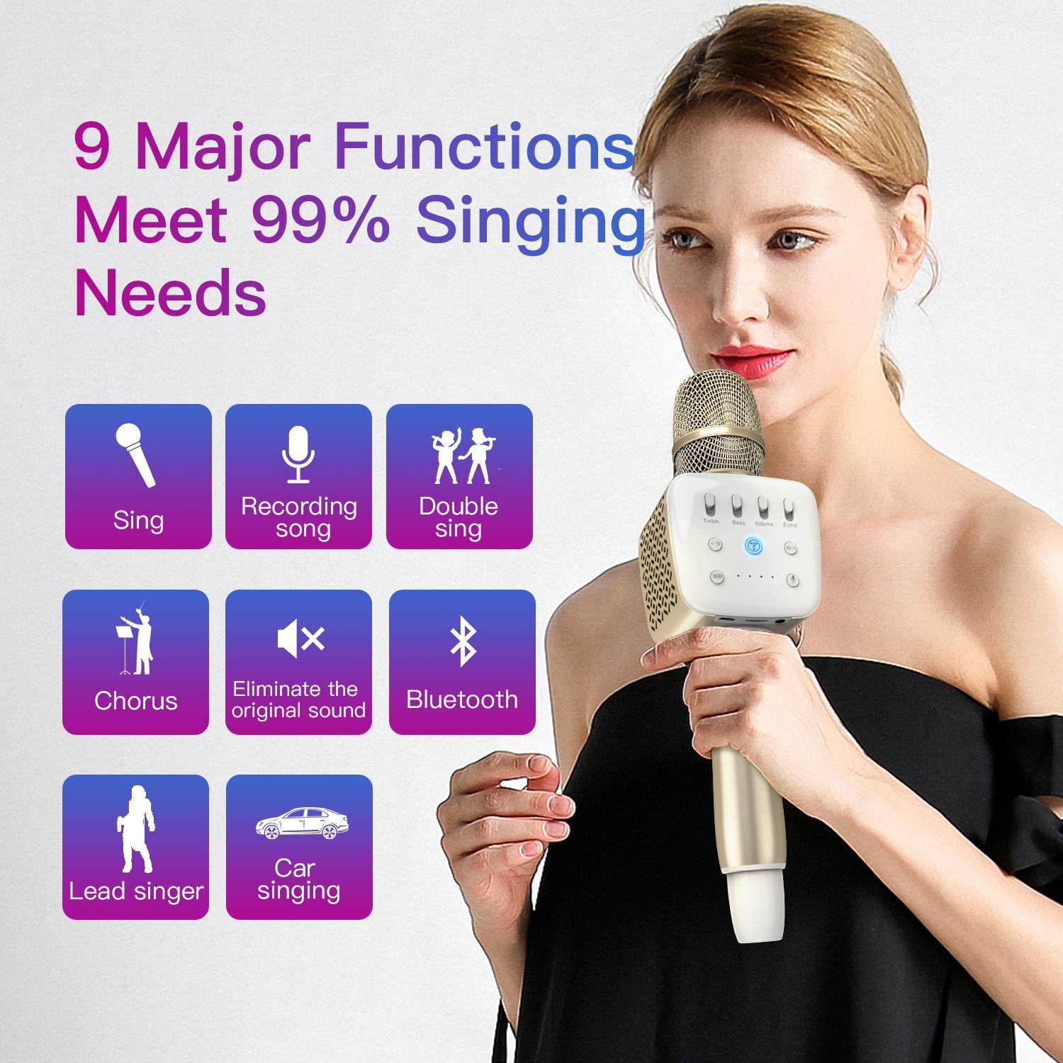 TOSING V2 Wireless Bluetooth Karaoke Microphone，Louder Volume 10W Power, More Bass, 3-in-1 Portable Handheld Double Speaker Mic Machine for iPhone/Android/iPad/PC (Gold-1)