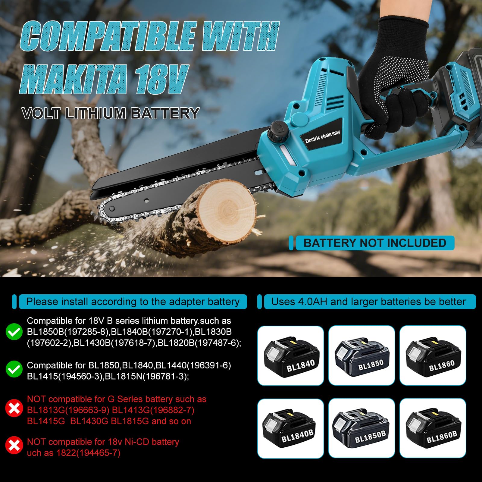 Motosierra Inalámbrica 8 y 10 Pulgadas para Makita 18V (sin Batería) | Mini Motosierra sin Escobillas, Lubricación Automática de Cadena, 2 Placas, 4 Cadenas, Guantes, Gafas y Maletín