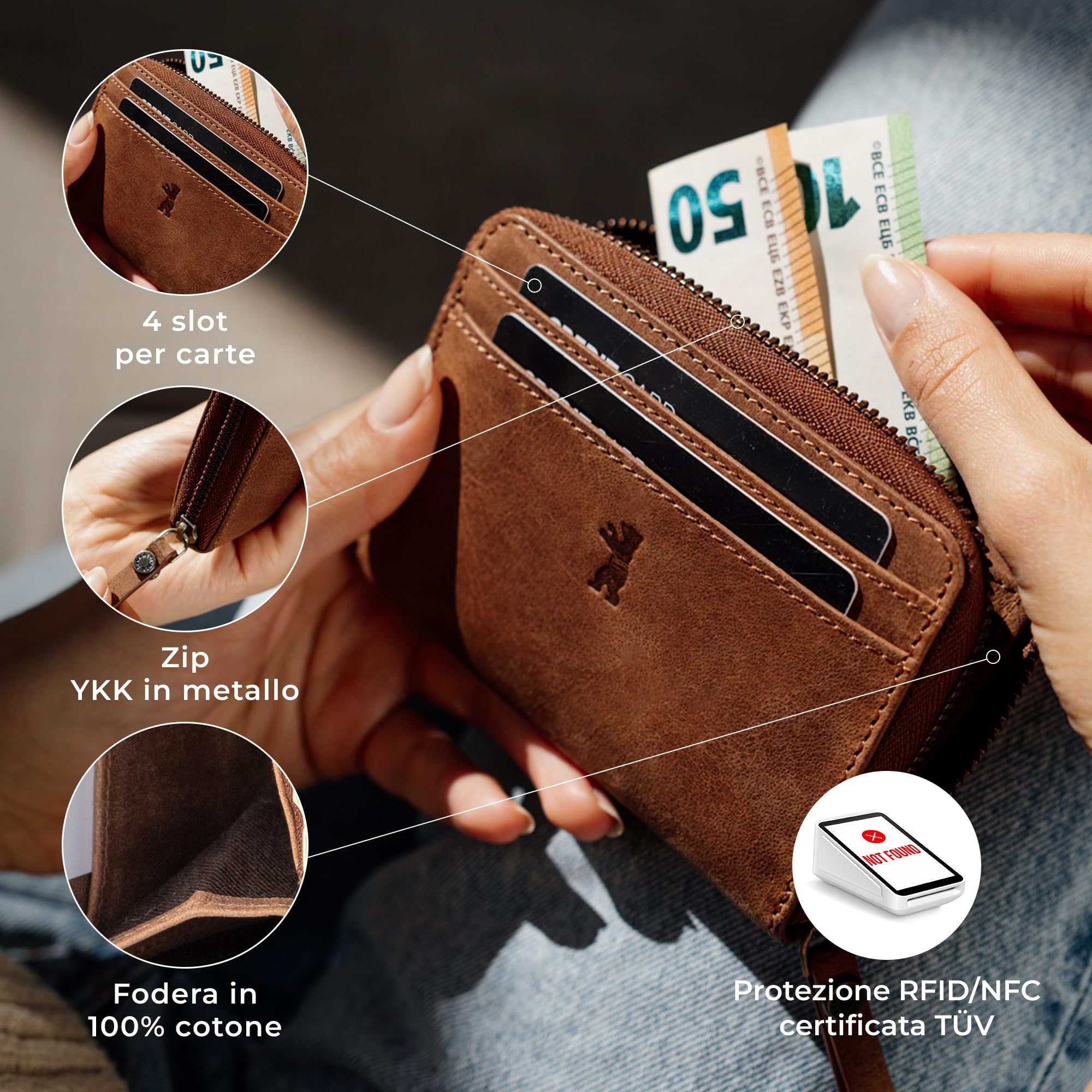 Berliner Bags Portamonete Elsa in Vera Pelle, Portafoglio Donna Compatto con Protezione RFID e Cerniera in Metallo, Scatola Regalo Inclusa – Marrone