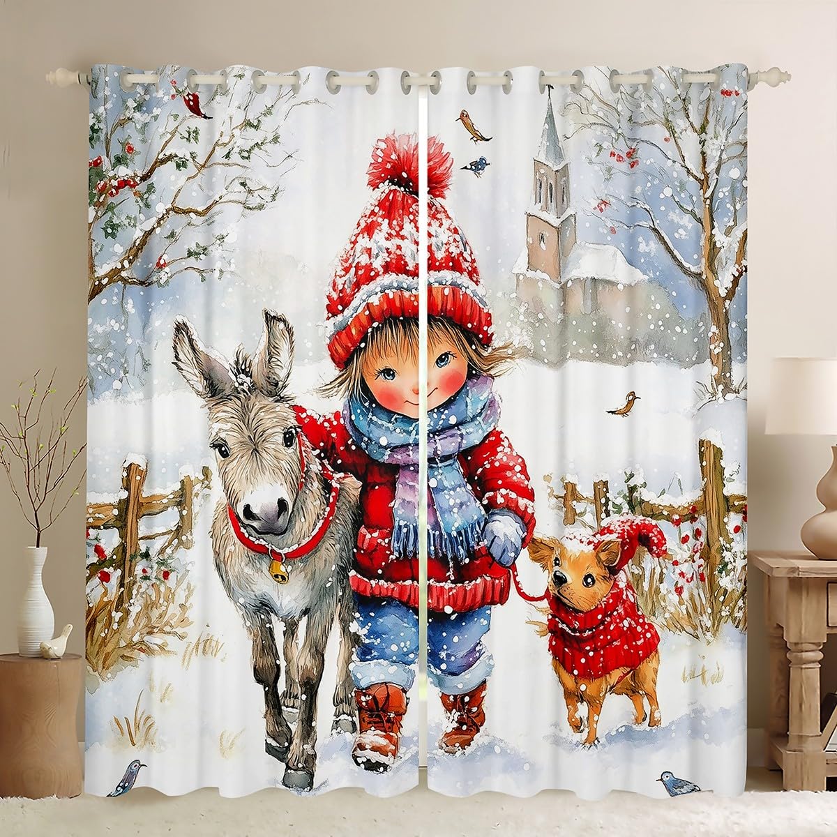 Kawaii Girl Window Curtain for Kids Farm Donkey Dog Animal Window Treatment Curtain Merry Christmas Curtains for Bedroom Winter Snow Scene Window Drapes,52Wx96L