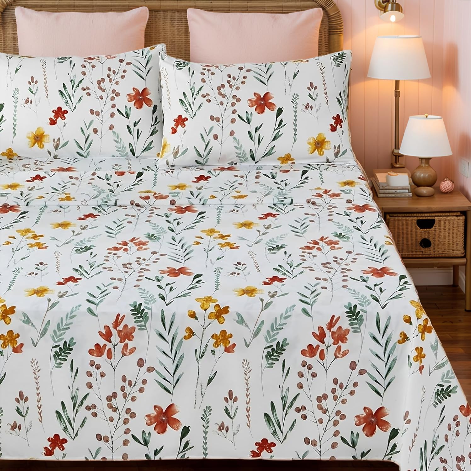 Usfivefam Floral Sheet Set Twin, Green Leaves Pattern Sheet Yellow Flower Printed Sheet Set with 17.5" Deep Pocket, 4Pcs Soft Microfiber White Botanical Vintage Floral Sheet for Twin Size Bed