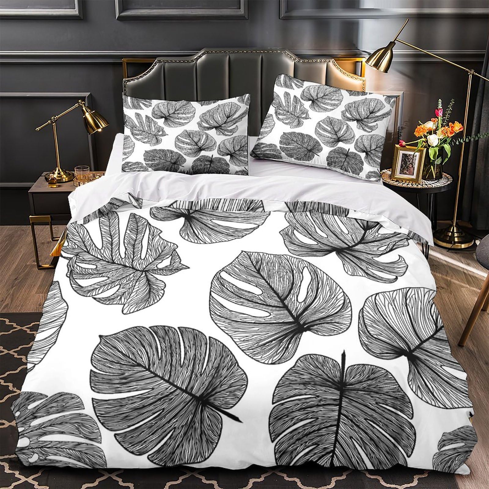 Housse de couette imprimé 3D feuilles tropicales chic
