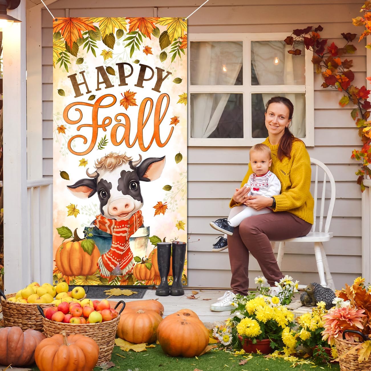 Happy Fall Door Cover Fall Party Decorations Baby Cow with Scarf Fall Festival Decorations Pumpkin Door Banner for Autumn Harvest Thanksgiving Party Supplies - Image 3