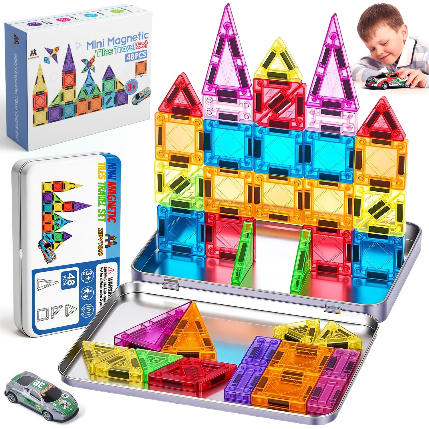 Zippytoys Travel Magnetic Tiles – 48PCS 3D Mini Magnetic Tiles Building Blocks with Mini Car for Kids– Strong Magnets Portable STEM Montessori Educational Toy with Metal Storage Tin for Boys Girls 3+