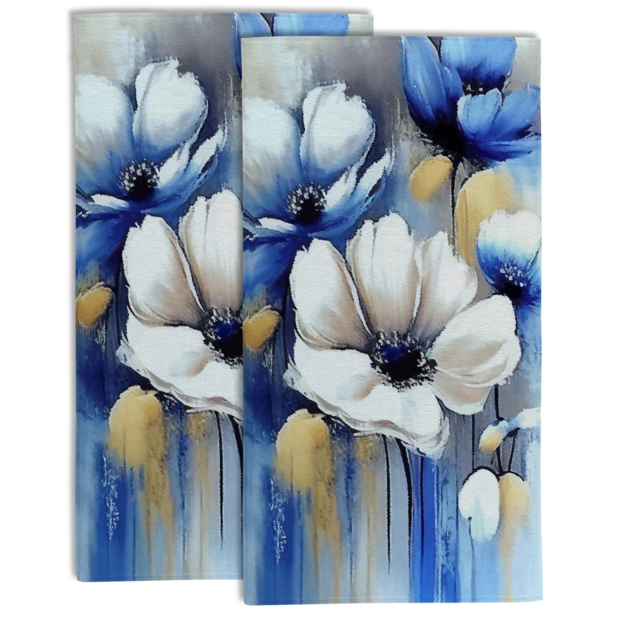 Gnhkmw Watercolor White Blue Flowers Hand Towel Set of 2,Abstract Oil Painting Floral Soft Absorbent Decorative Bathroom Kitchen Towel for Bathroom