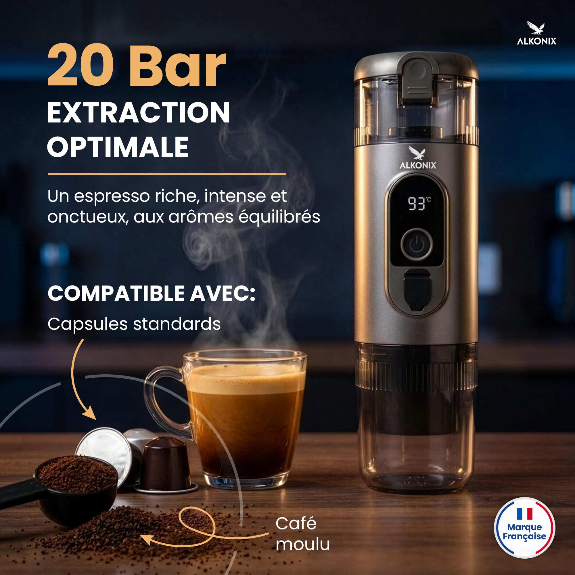 Machine à Café Portable USB-C – Cafetière Nomade Espresso Rechargeable avec 2 Batteries Amovibles – Compatible Capsules Standards & Café Moulu – Chauffe Intégrée (Gris)