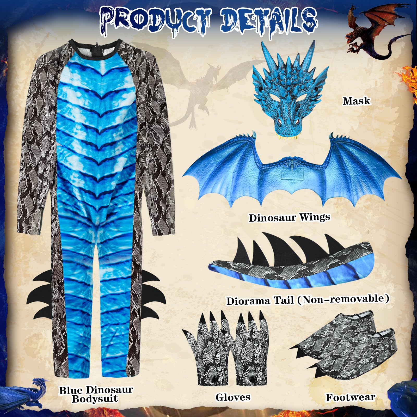 Ulikey Costume da Drago Bambino, Costume Carnevale Ragazzi, con Ali di Drago, Maschera da Drago, Dinosauri per Bambini Blu Rosso, Drago Tute per Bambini Carnevale Halloween Feste Cosplay