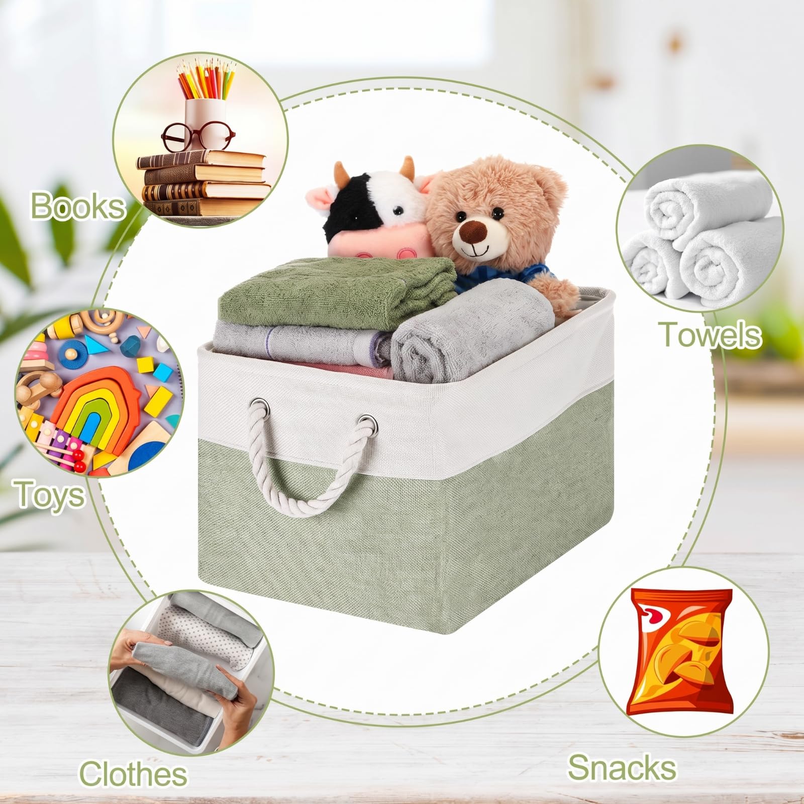 FoldTier Große faltbare Aufbewahrungskörbe aus Stoff mit Griffen, dekorative Aufbewahrungskörbe für die Organisation von Regalen, Spielzeug, Kleidung, Beige und Grün, 40,6 x 30,5 x 25,4 cm, 10 Stück