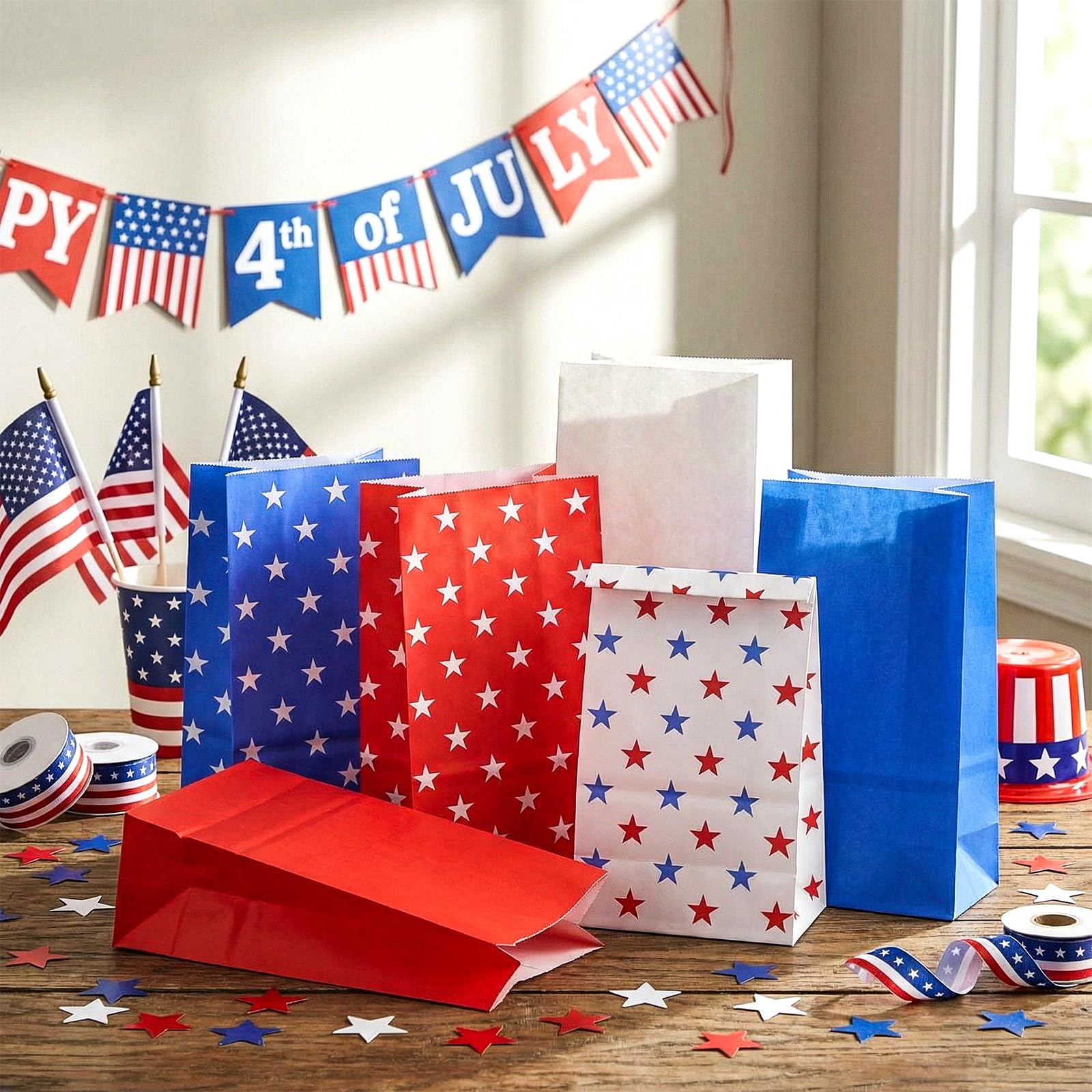 Sweetude 72 Pack Patriotic Treat Bags 4th of July Candy Bags American Flags Party Favor Bag Red White Blue Paper Gift Bag for Patriotic Party Favors Independence Day Supplies Memorial Gift Wrap