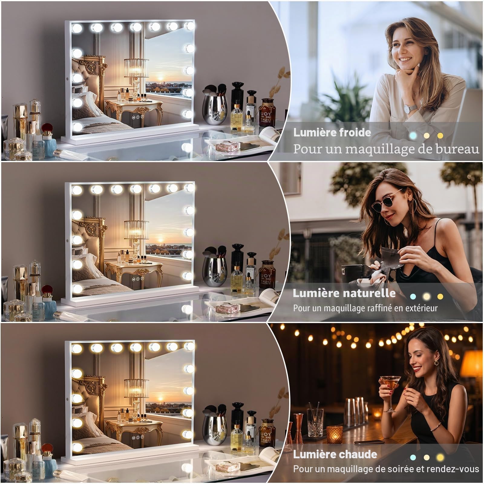 FENCHILIN Miroir Maquillage Hollywood avec Port de Charge USB 15 Ampoules LED Grand Miroir cosmétique avec 3 Modes déclairage Miroir de Table Blanc 58x46 cm