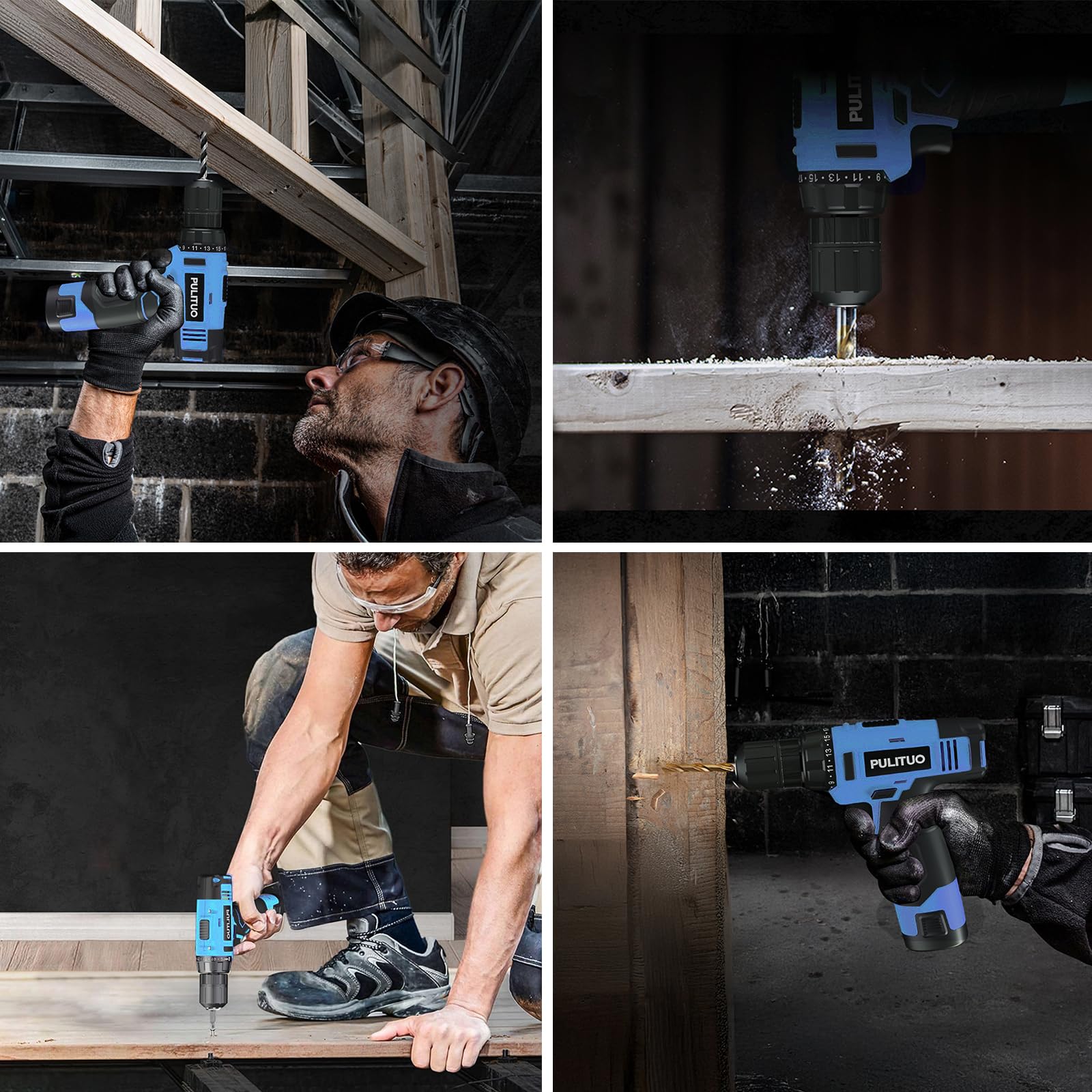 PULITUO 12V Blue Cordless Drill Set - Power Drill Kit with Battery and Charger, 3/8-Inch Keyless Chuck, Built-in LED, 21+1 Torque Setting