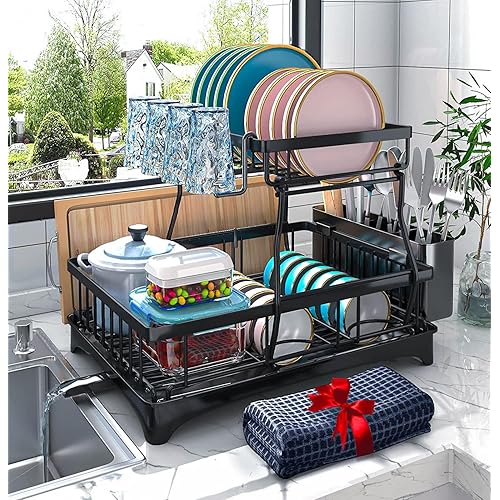 Godboat Dish Drying Rack, 2-Tier Dish Rack with Auto-Drain & Mat, Dish Racks for Kitchen Counter, Dish Drainer with Knife, Fork & Cup Rack, Gifts for Women, Mothers Day, Cool Stuff & Kitchen Gadgets