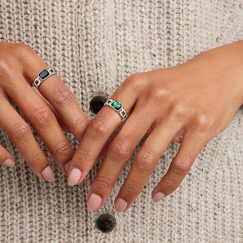 Miniatura 4 de Bestyle Simple Sterling Silver Ring for Women Men - Cuban Link Chain Rings with Black Onyx Emerald-Fashion Thumb Index Pinky Finger Ring Every Day