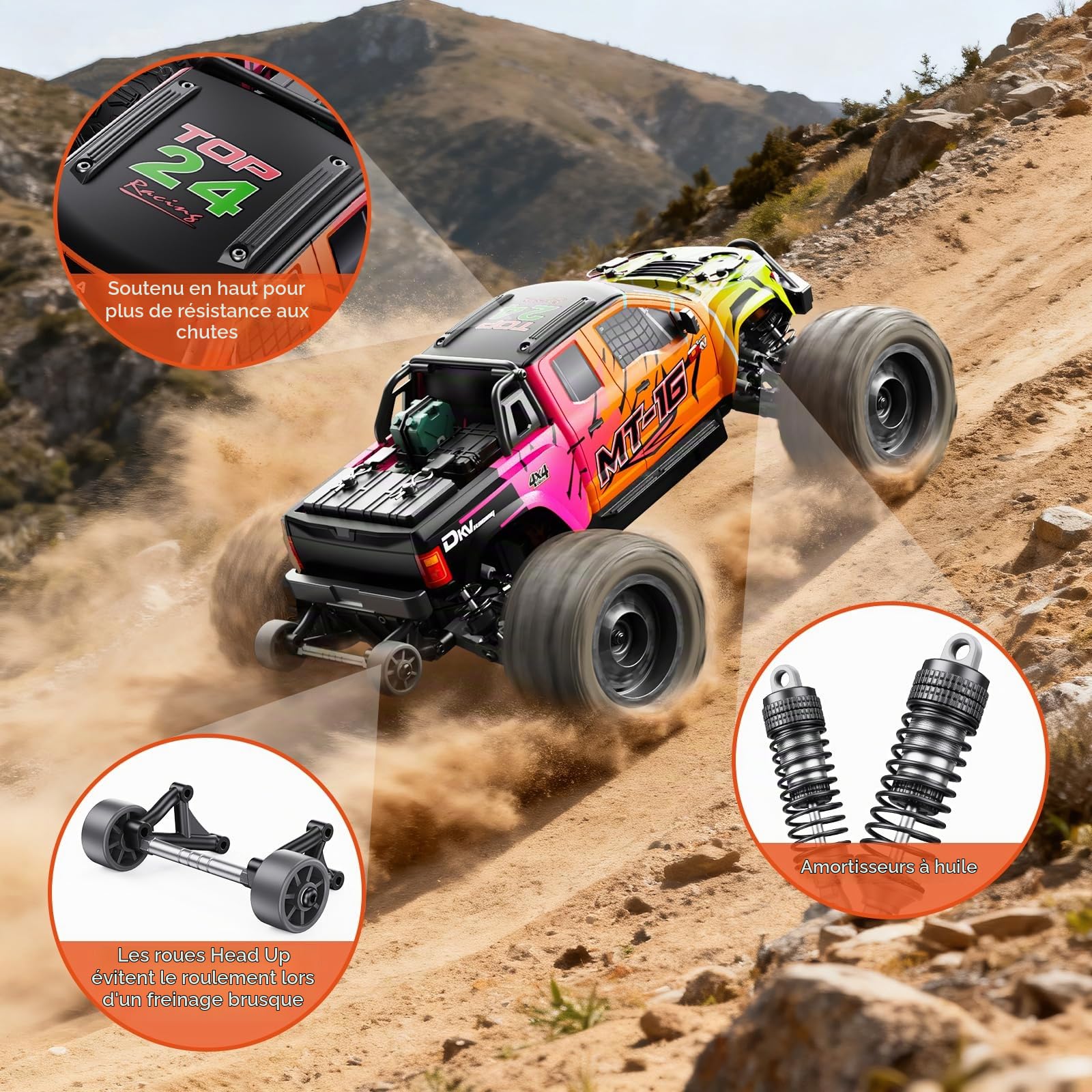 Camion TéLéCommandé 4x4 Brushless 1/16, Vitesse Maximale 80 Km/H, Tout-Terrain, Avec Batterie 3s, éTanche Et Haute Vitesse,IdéAl Pour Les Adultes Et Les Aventures Sur Neige Ou Sable - couleur orange