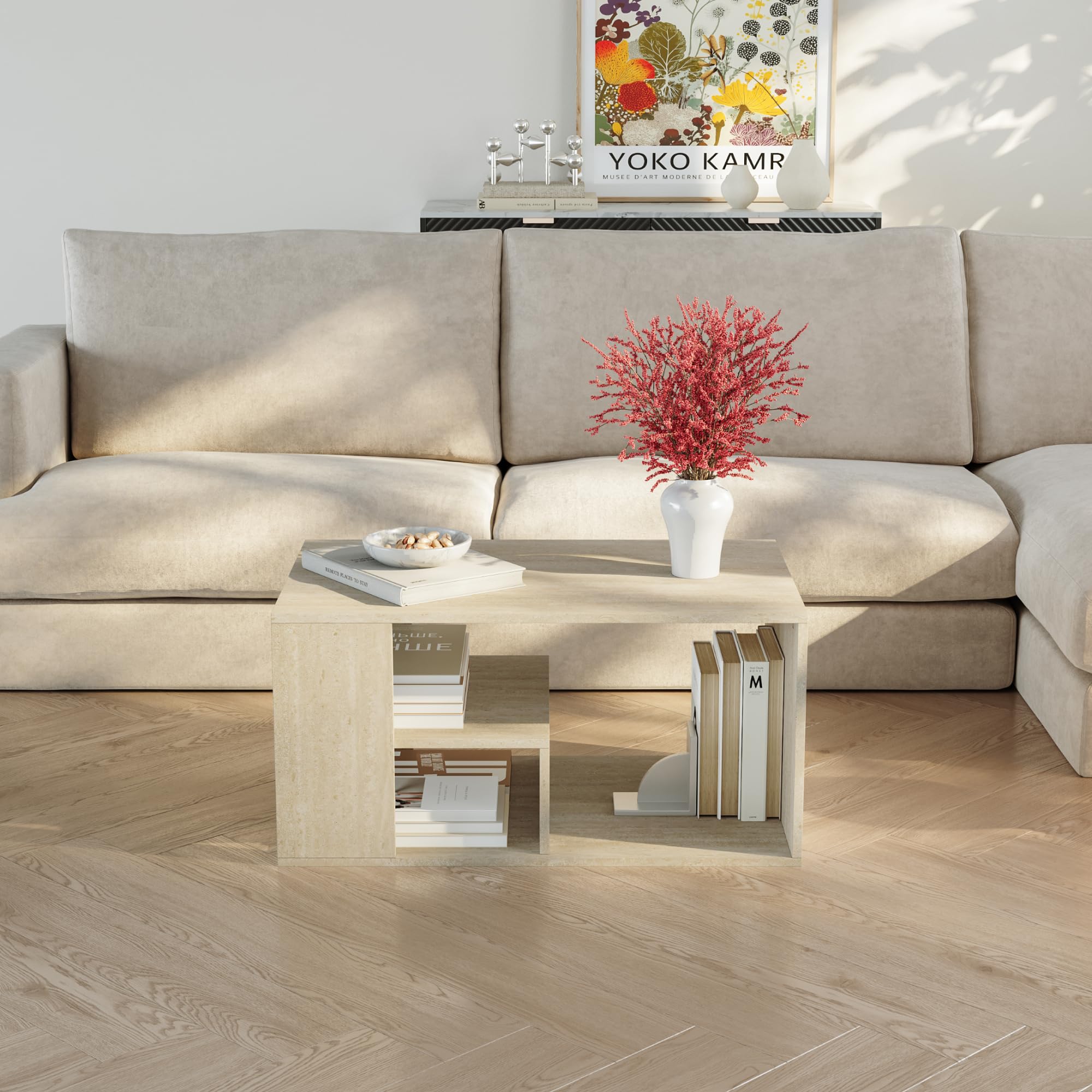 [en.casa] Tavolino da Salotto Centrale con Piano Rettangolare Tavolo Basso da Caffè con Scomparti Aperti per Soggiorno Living Studio 80 x 50 x 40 cm - Color Avorio Travertino