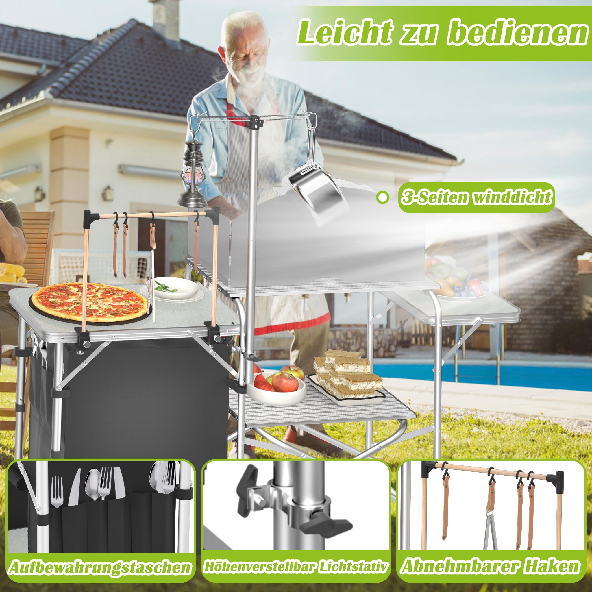 NAIZY Campingküche 146x46x141 cm Outdoor Faltbar Campingschrank mit MDF-Dichteplatte mit Alu&Oxford-Stoff & Haken & Lichtständer Campingmöbel, Model D