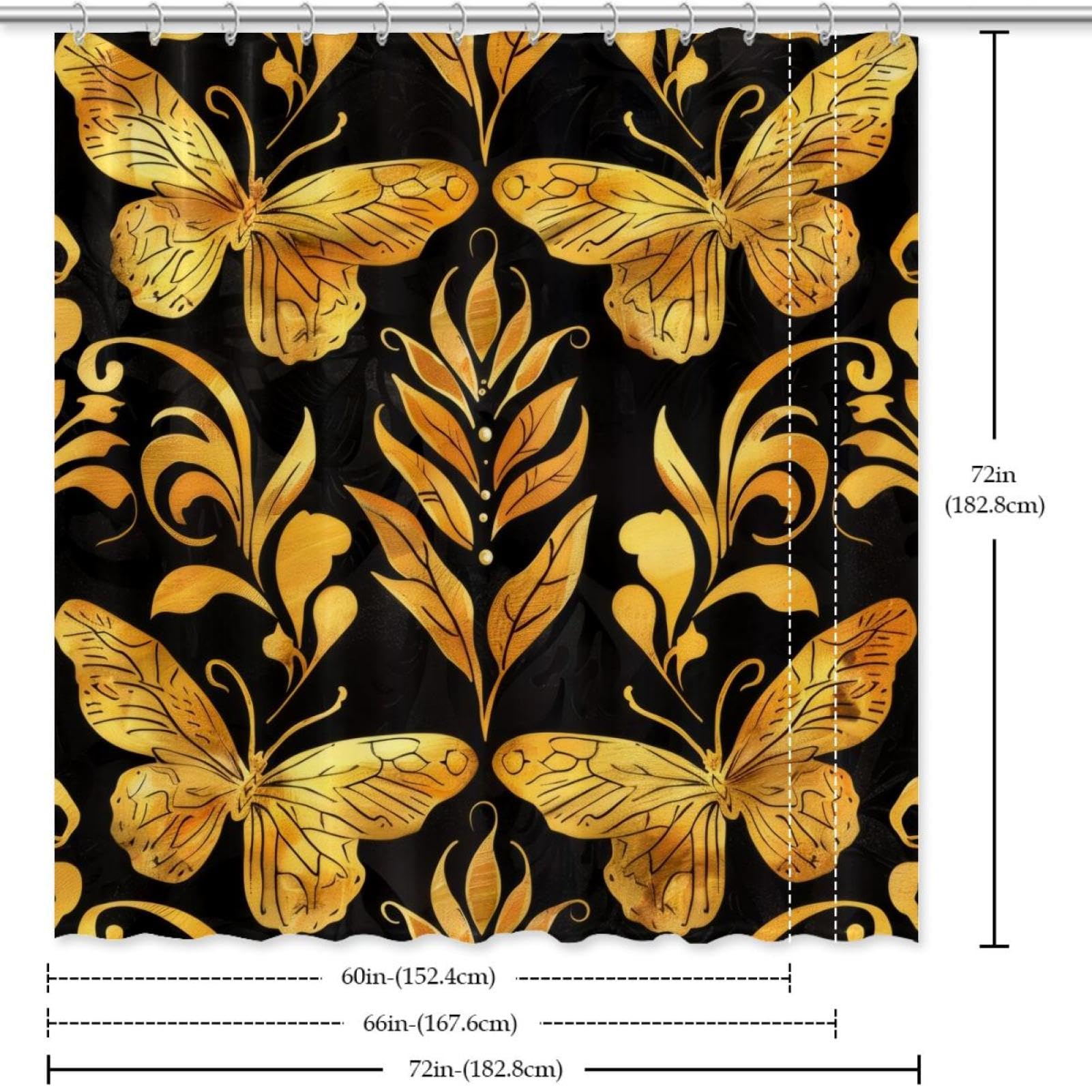 LMMRLM Farmhouse Butterfly Shower Curtain - Rustic Brown & Gold On White, Polyester Bathroom Decor