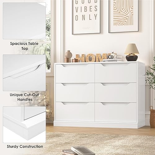 Miniatura 8 de HOSTACK Cómoda moderna de 6 cajones, doble cómoda con almacenamiento, organizador grande de madera con asas recortadas, armario de almacenamiento